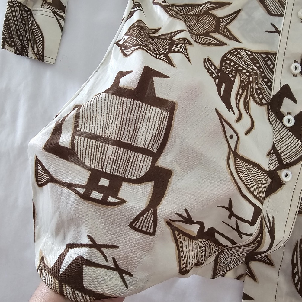 Vtg Prehistoric Animal Egyptian Hieroglyphs Print Blouse Womens S - Picture 6 of 8